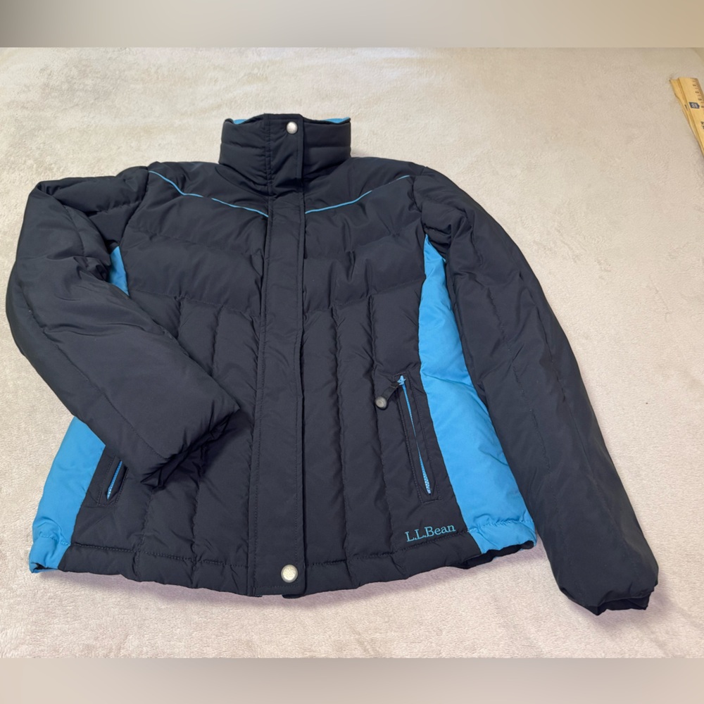 🔥VGT 90s L.L.Bean Women’s Ski Jacket M Black/Blue Hooded Winter Coat Goos Down